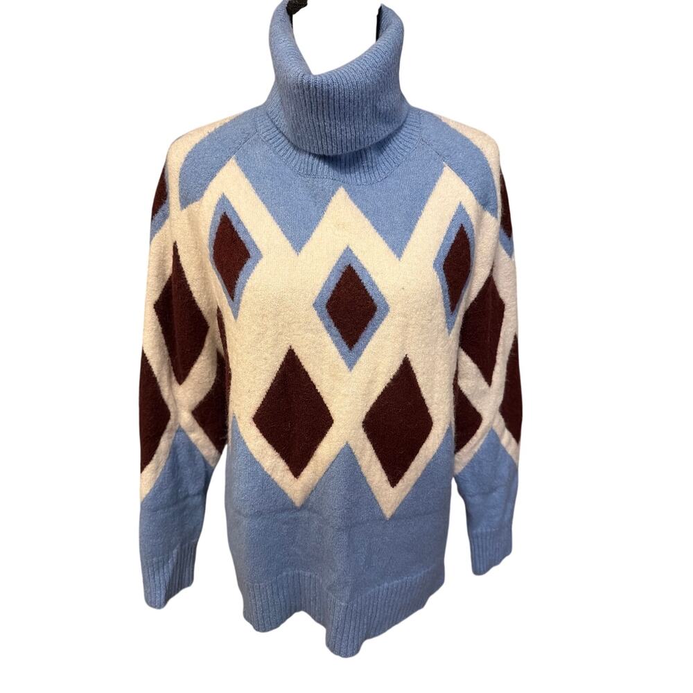 ⭐️ Women J.Crew Argyle Wool Blend Turtleneck Sweater Size Large Preppy Acadamia